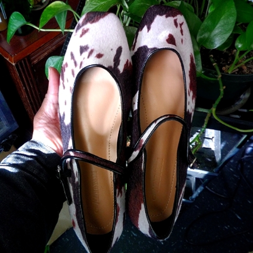 Ballet Mary Jane Flats in Brown & White Cowhide Print - Picture 2 of 14